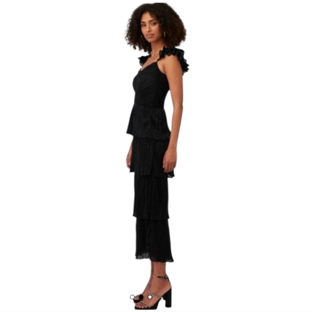 Saylor Elegant Tier Ruffle Dress Long Midi Textured Sleeveless Black Xs S 2 4